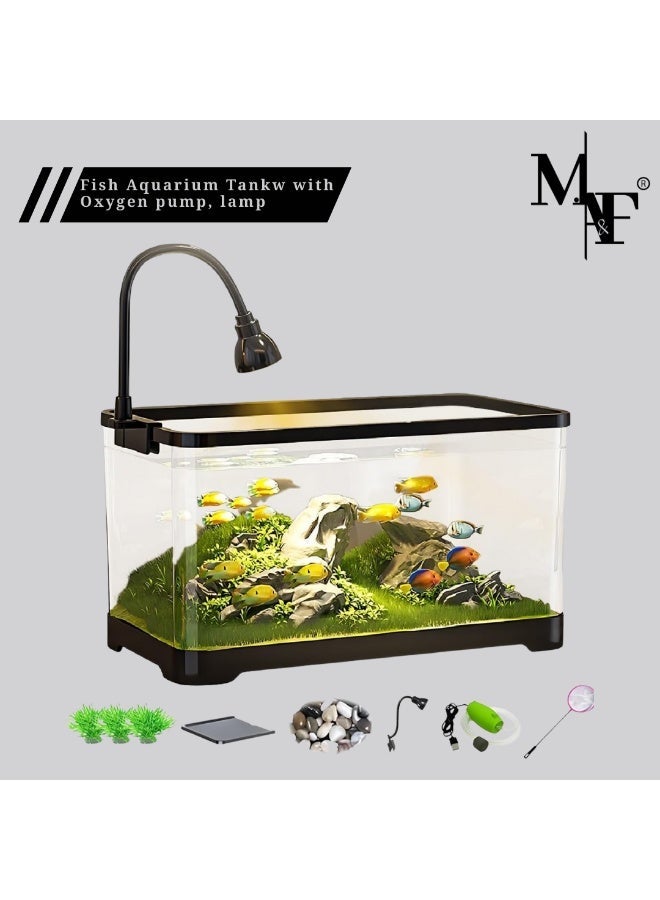 Fish Aquarium Tank Ultra Clear Fish Bowls with Oxygen Pump Lamp Cover, Turtle Tank Tortoise Aquarium Reptile Habitat Terrariums, Betta Goldfish Tanks for Crayfish Shrimp Small Amphibious Creatures